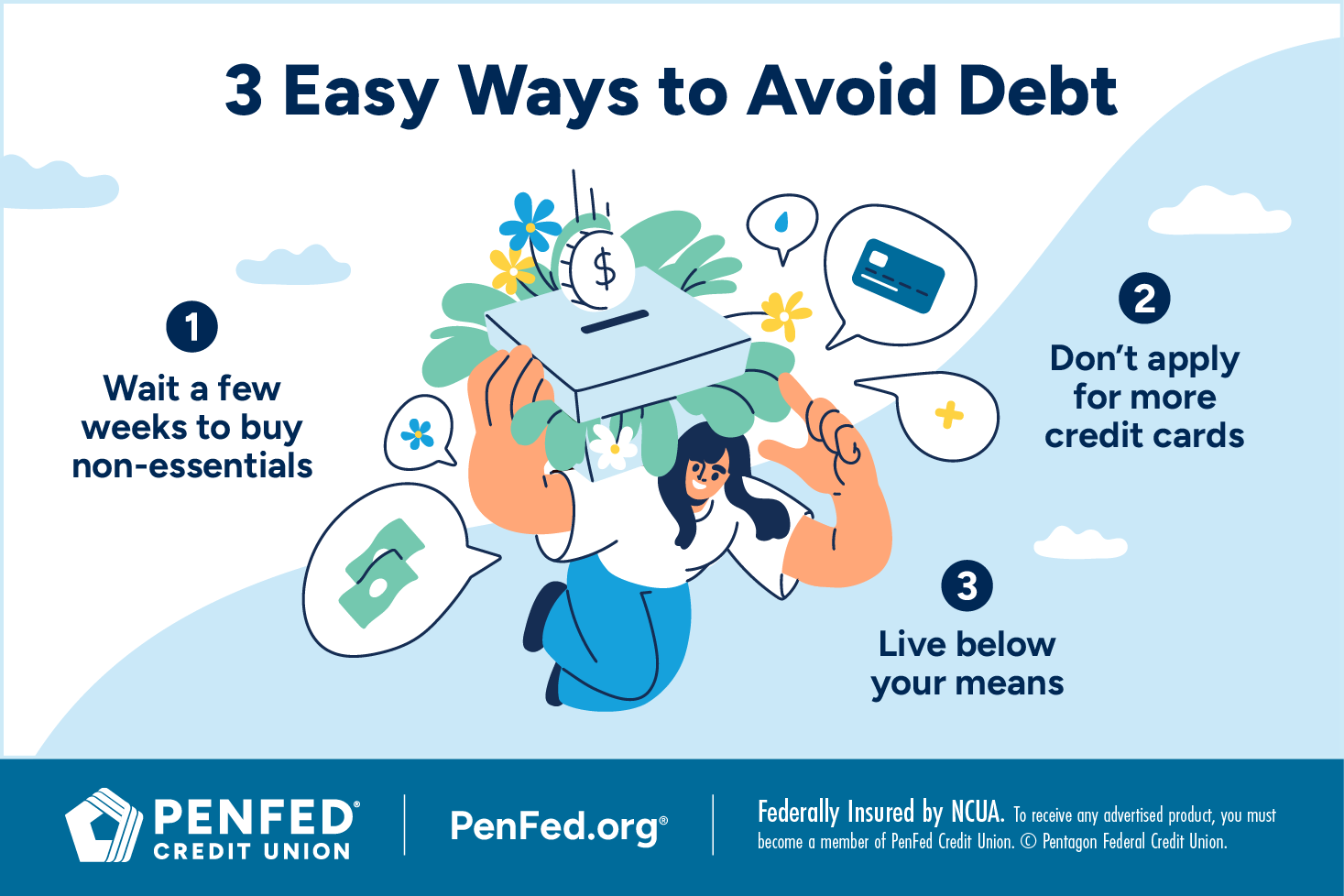 3 Easy Ways to Avoid Debt; 1 Wait a few weeks to buy, 2 Don't apply for more credit cards, 3 Live below your means