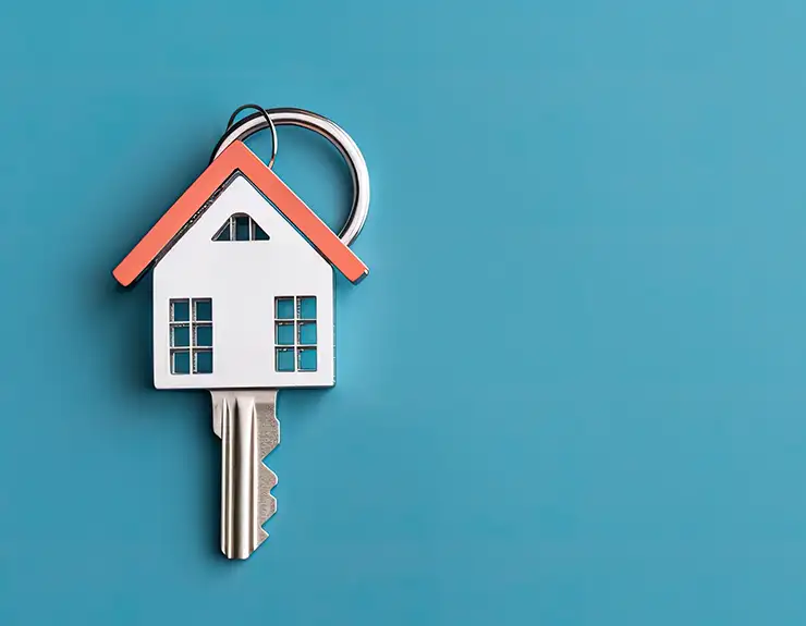 A silver key to a house, attached to a keychain, is shown against a blue background. empty space for copying onto the keychain. represents the idea of buying a new house and the real estate property