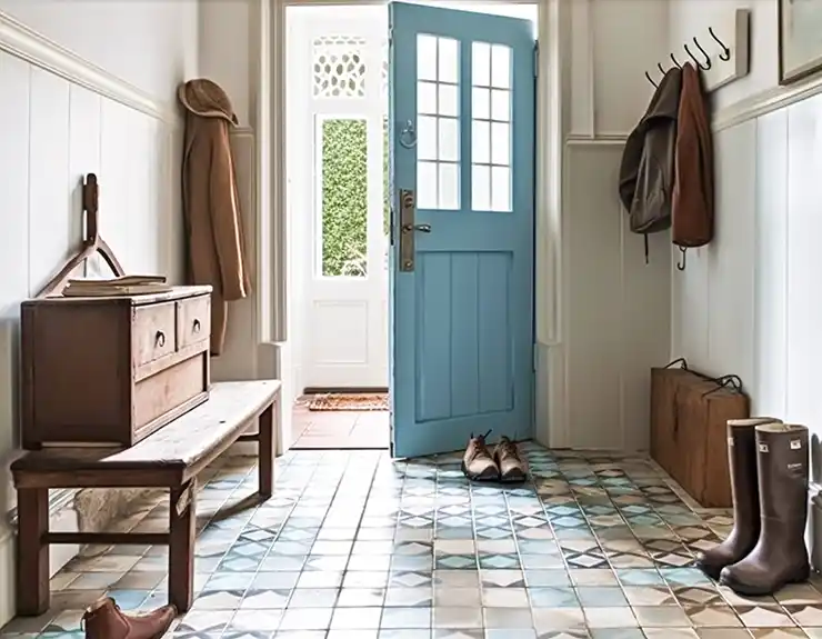 Pale blue hallway decor, interior design and house improvement, welcoming entryway furniture, stairway and entrance hall home decor in an English country house, generative ai