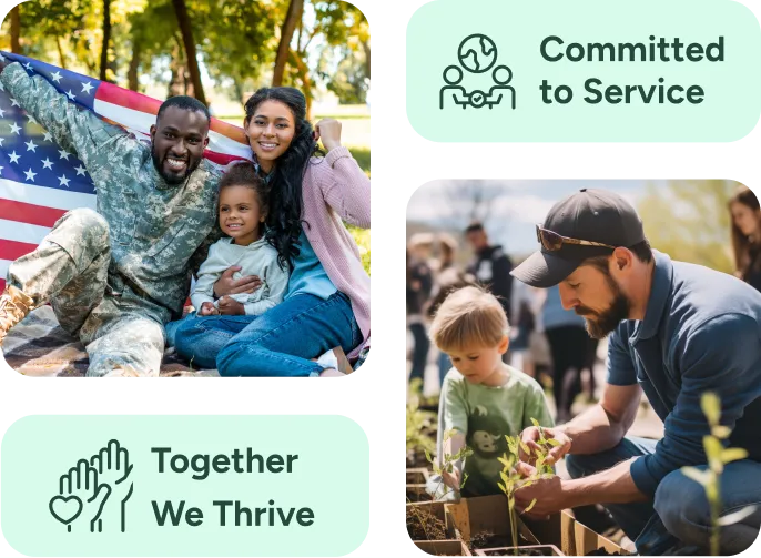 Collage showing a military family holding a US flag and a volunteer planting trees with a child. Mentions service and community. 