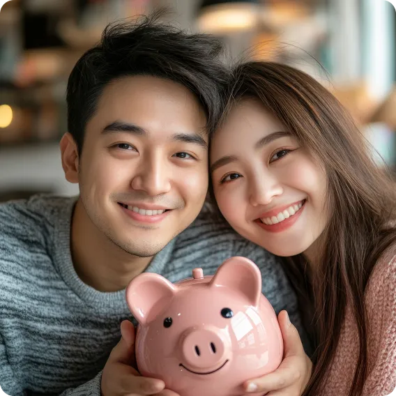 Couple saving with piggy bank