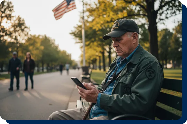 An older veteran wearing a military cap sits on a park bench looking at his smartphone, with an American flag blurred in the background.