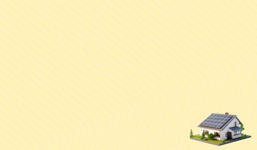 A 3D render of a modern house with solar panels on the roof, sitting on a small plot of green grass against a light yellow background.