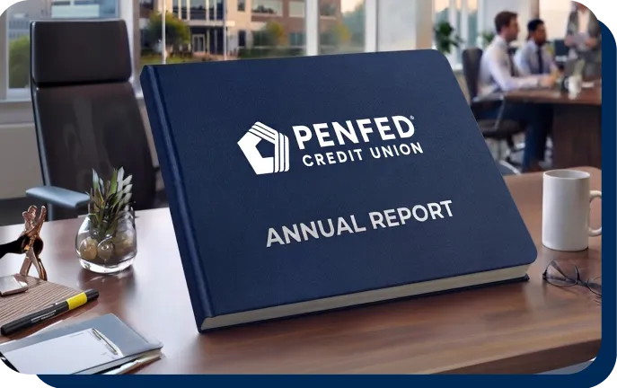 A dark blue PenFed Credit Union Annual Report binder resting on an office desk, with people collaborating in the background. 
