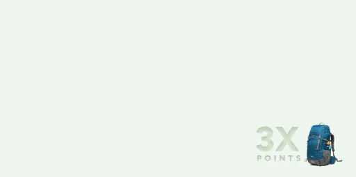 A fully packed backpack with a symbol 3x earnings points points on purchases.