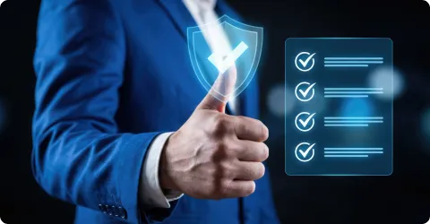 thumbs up gesture adjacent to a digital security shield with a checkmark