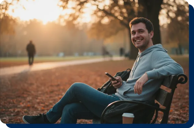 A smiling young man relaxes on a park bench during autumn, holding his smartphone with a coffee cup nearby as the evening sun sets behind him.