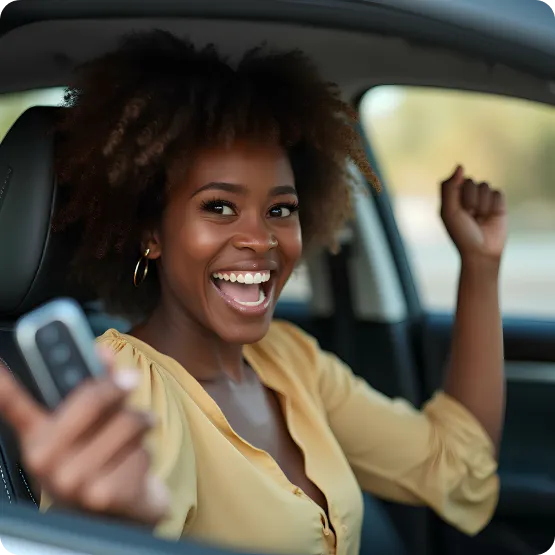 A lady in a car holding the key and laughing