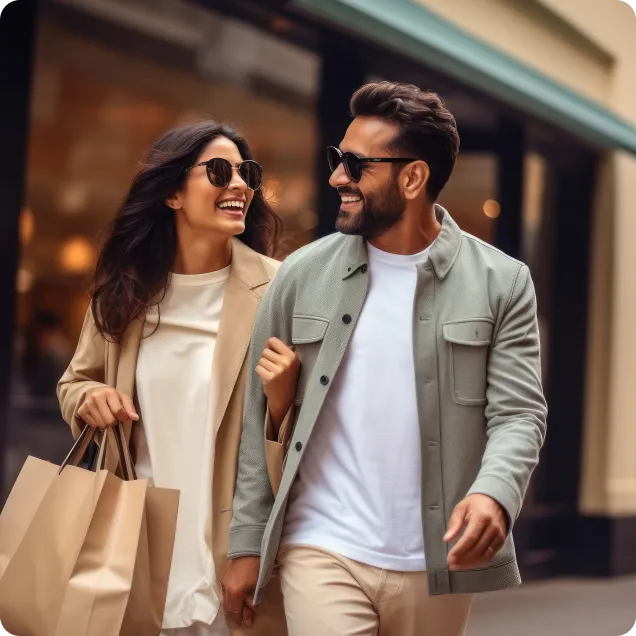 Smiling Couple holding each others hands and walking together while carrying shopping bags
