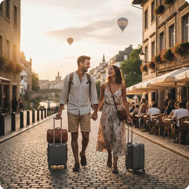 a smiling couple walking on the street with luggage