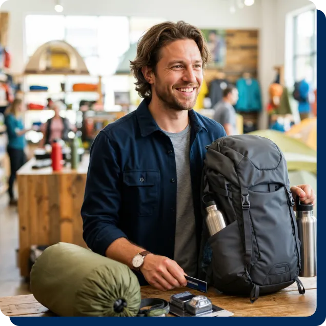 Smiling man at a store counter with a black backpack and camping gear.
