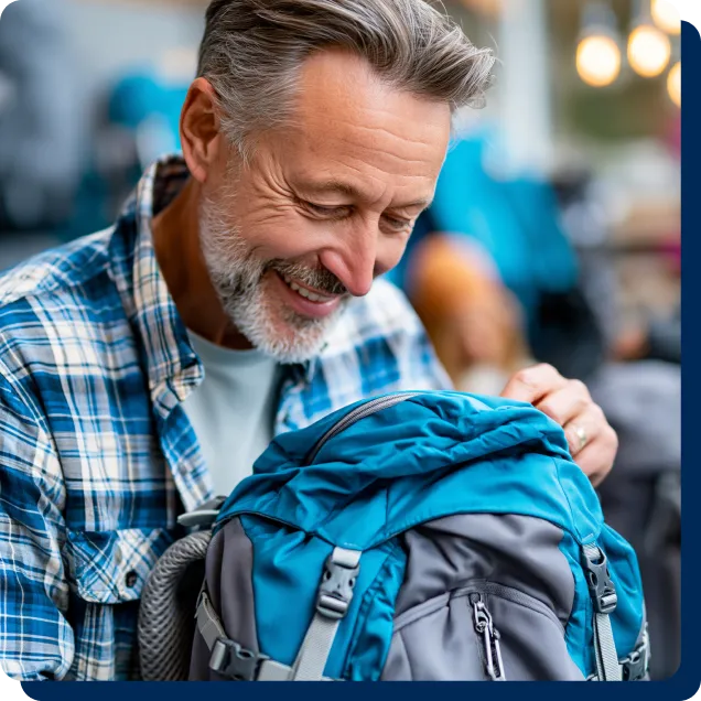 Smiling mature man looking down at his blue hiking backpack.