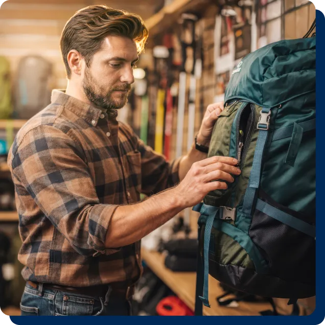 Man checking a teal backpack in an outdoor store.