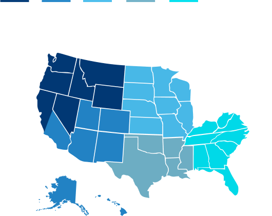 Delegated PenFed Regions, Map -  Pacific North: Alaska, California, Hawaii, Idaho, Montana, Nevada, Oregon, Wyoming, Washington. Pacific South: Arizona, New Colorado, Mexico, Utah. North Central: Kansas, Illinois, Iowa, Minnesota, Missouri, Nebraska, North Dakota, South Dakota, Wisconsin. South Central: Arkansas,  Louisiana, Mississippi, Oklahoma, Texas. South East: Alabama, Georgia, Florida, South Carolina, North Carolina, Virginia, DC. North East: Connecticut, Delaware, Maine, Maryland, Massachusetts, New Hampshire, New Jersey, New York, Pennsylvania, Rhode Island, Vermont. Mid East: Indiana, Kentucky, Michigan, Ohio, West Virginia