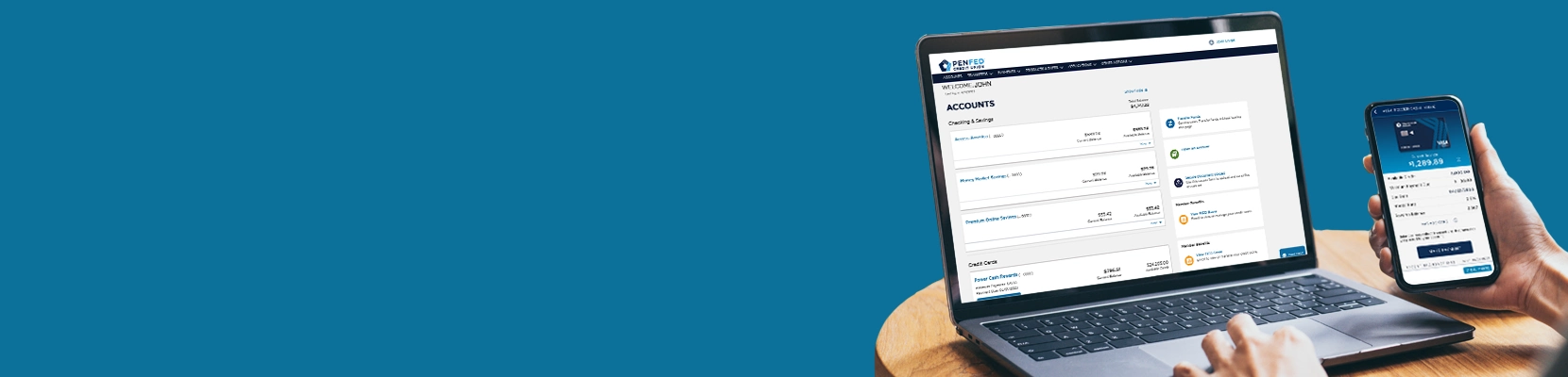 PenFed client reviewing account information via mobile phone and laptop.