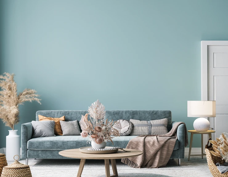 Image of blue living room with blue couch