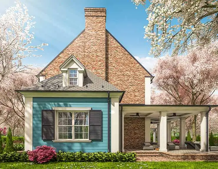 3d rendering of modern classic house in colonial style in spring day