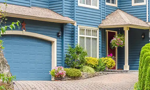 Fragment of a very neat and colorful home with gorgeous outdoor landscape in suburbs of Vancouver, Canada