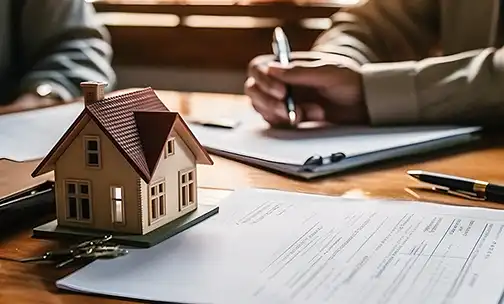 small home model, mortgage papers and person signing the document