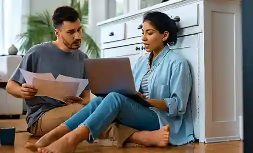 Couple discussing over the papers and looking at the laptop screen